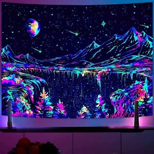 Blacklight Galaxy Tapestry, Trippy Planet Tapestry, UV Reactive Starry Nights