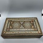 Vintage Wooden Trinket Box Inlay Mother Of Pearl Mosaic Velvet Lined Dresser Box
