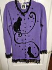 Storybook Knits Vintage Sweater Cardigan Purple Black Halloween Cats Vintage