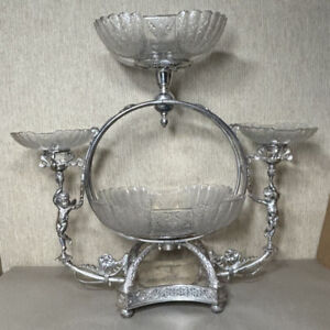Great Victorian Rogers Smith Silver Plate Epergne Cupids 4 Shell Tassel Inserts