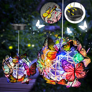 LED Solar Butterfly Ball Wind Chime Light Hanging Lantern Garden Yard Decor Lamp