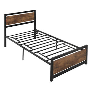 Single Metal Bed Frame Slat Support Bedstead Base with Headboard & Footboard