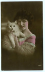 Woman Posing with Fluffy White Green-Eyed Cat Real Photo Postcard