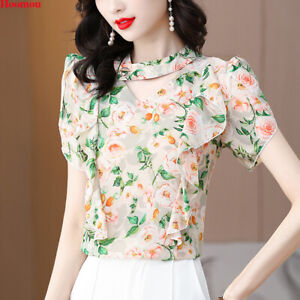 Korean Women Floral Chiffon Ruffle Puff Sleeve Casual Business Blouse Top Shirts