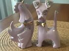 Vintage Mid Century Pair of Pink Dog & Rooster Figurines Gold And Spaghetti Trim