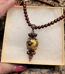 Michael Valitutti Carved Tiger’s Eye Pendant Chocolate Pearl Necklace