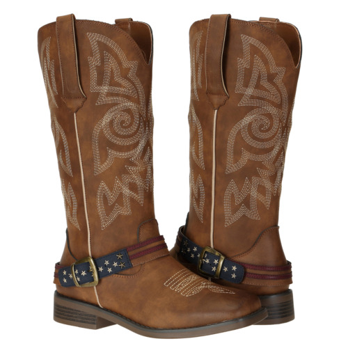 Women's Ladies Square Toe Western Cowgirl Cowboy Boots Mid Calf Boots Brown