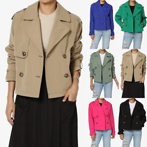 TheMogan Junior's Double Breasted Cropped Trench Jacket Casual Lapel Lightweight