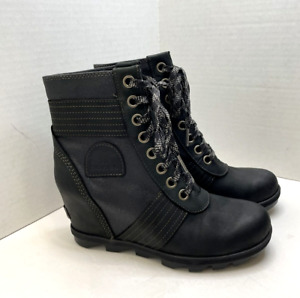 New Sorel Lexie Wedge Women's Black Leather Hidden Heel Waterproof Boots Sz 8.5