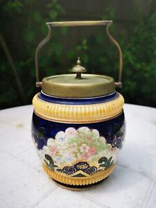 Antique William Wood & Co Ceramic Biscuit Barrel with Silver Plated Lid
