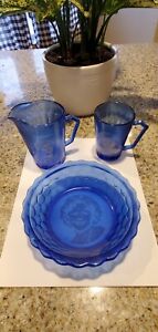 1930’s Shirley Temple Atlas Glass Cobalt Blue Cereal Bowl , Cup and Pitcher Set
