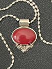 Sterling Silver Red Coral Oval Pendant Necklace Mexico 23