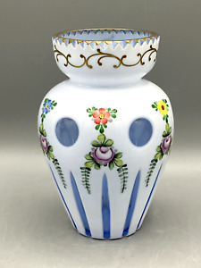 Bohemian Flash Cut Glass Vase Hand Painted Milk Glass over Pale Blue