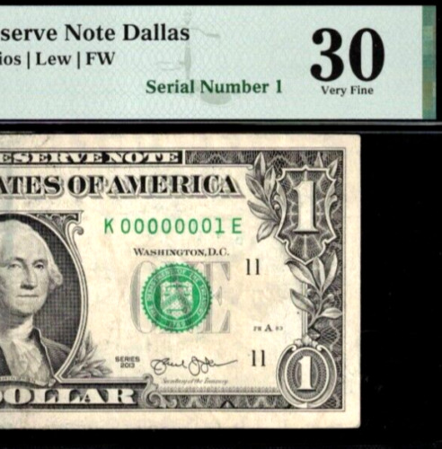 New Listing2013 $1 Federal Reserve Note Dallas PMG 30 crazy rare serial number 00000001
