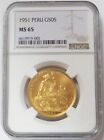 1951 GOLD PERU 50 SOLES SEATED LIBERTY COIN ONLY 5,292 MINTED NGC MINT STATE 65