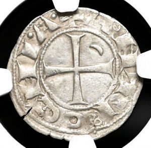 CRUSADERS, Antioch. Bohemond III, 1163-1188 AD. Silver Denier, NGC AU Details