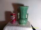 RARE 1940'S McCOY ART POTTERY GREEN EMBOSED DOUBLE HANDLE 8 INCH VASE