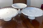 2 1950s Milk Glass Cake Stands & 1 Milk Glass Hobnail Footed & Ruffled Edge Mint