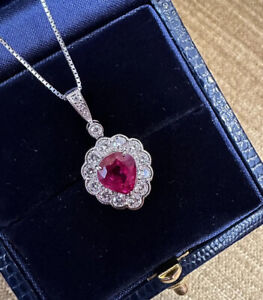 GIA Burma Ruby Pearshape Pendant Necklace w/ Round Diamonds in Platinum-HM2419BS