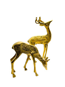 New ListingVintage Brass Antlered Spotted Buck And Doe Deer Figurines Set MCM 7