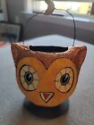 Vintage Dept 56 OWL Halloween Paper Mache Glitter Candy Pail Tiny Bucket w. Moon