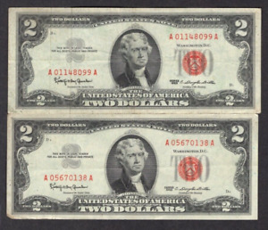 Lot of 2 1963 $2 Two Dollar Bills Red Seal S551