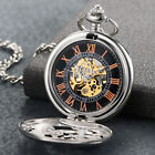 Mens Pocket Watch Mechanical Silver Tone Hollow Hands Chain Hand-winding Luxury
