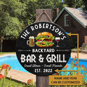 Custom Backyard Bar & Grill Round Wood Sign Patio BBQ Decor Dad Gift