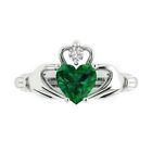 1.55 Irish Celtic Claddagh Simulated Emerald Classic Ring Solid 14k White Gold