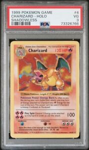 1999 Charizard 4/102 SHADOWLESS Base Set Holo Pokémon Card Game Graded PSA 3 VG