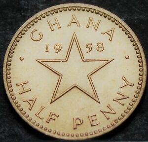 Ghana Half Penny, 1958 Gem Unc~Only Year Ever~Dr. Kwame Nkrumah~Free Shipping