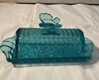 Circleware Aqua Blue Glass Butter Dish w/ Butterfly Handle Has Chip READ DETAILs