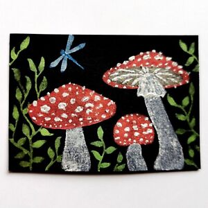 ACEO Original Metallic Red Mushroom Fly Agaric Toadstool Painting by Halogen
