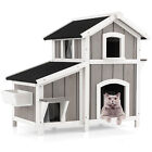 Costway Outdoor Feral Cat House 2-Story Wooden Kitty Shelter with Escape Door