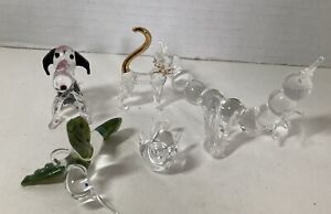 Lot 6 Small Hand Blown Art Glass ANIMAL Figurines Birds Cat Dog Caterpillar