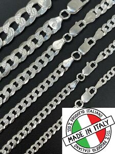 Solid 925 Silver Diamond Cut Flat Miami Curb Cuban Link Chain Necklace 3-11mm