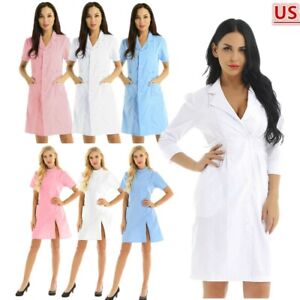 US Women's Button Front Scrubs Dress Professionals Doctor Nurse Uniform Workwear
