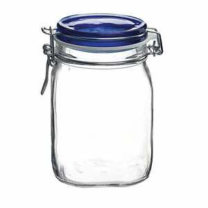 Bormioli Rocco Fido 33.75 oz Food Jar w/ Metal Clamp and Rubber Gasket, Blue Top