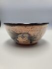 Studio Art Pottery Signed Hand Thrown Bowl Clay Speckled Glaze Blue Green Floral