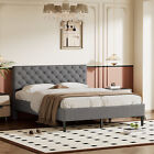 Queen Size Bed Frame Linen Upholstered Platform Bed with Headboard Beige/Gray