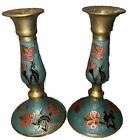 Vintage Pair Of Solid Brass Enamel Floral Handpainted Candle Sticks