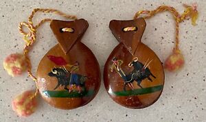 Pair Vintage Hand Carved Wood Flamenco Castanets Spain Bull Fighter