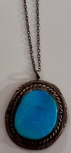 Vintage Navajo Old Pawn Sterling Handmade Turquoise Pendant Necklace 16”.