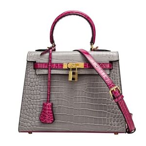 Italian 2 Tones Rose Grey Crocodile Embossed Leather Gold Hardware Luxury Bag