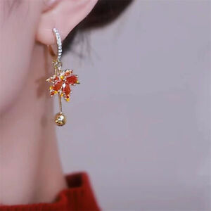 Fashion Red Crystal Maple Leaf Tassel Earrings Stud Drop Dangle Jewelry Women