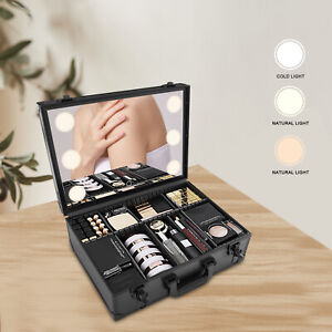 Professional Makeup Train Case Cosmetic Beauty Travel Organizer Box w/ LED Light