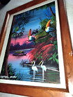 framed Peru Hand Painted Linen Cloth Art Parrot Toucan Birds rainforest sunset