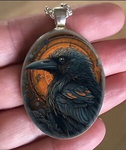 Dark Creative Raven Black Bird Crow Avatar Necklace Oval Pendant Trendy Gothic