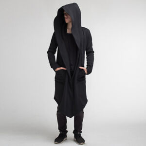 Men Solid Hoodie Long Jacket Cardigan Casual Trench Cloak Cape Coat Outwear ~