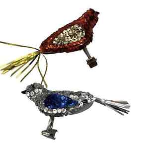 Set 2 Vtg Clip On Sequin Bird Christmas Ornaments Christmas Red Silver Springs